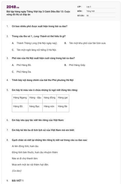 Bài tập hàng ngày Tiếng Việt lớp 3 Cánh Diều Bài 13: Cuộc sống đô thị có đáp án