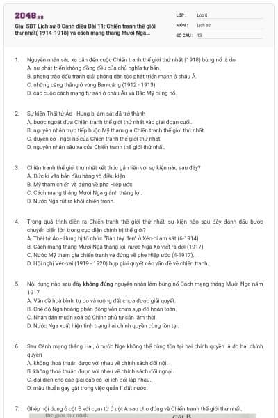 Giải SBT Lịch sử 8 Cánh diều Bài 11: Chiến tranh thế giới thứ nhất( 1914-1918) và cách mạng tháng Mười Nga 1914- 1917 có đáp án