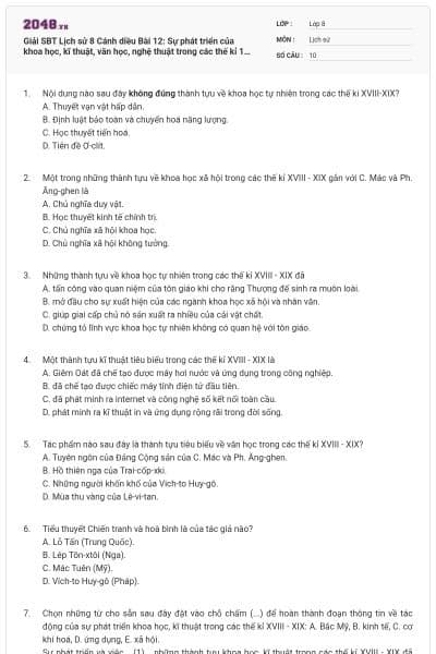 Giải SBT Lịch sử 8 Cánh diều Bài 12: Sự phát triển của khoa học, kĩ thuật, văn học, nghệ thuật trong các thế kỉ 18- 19 có đáp án