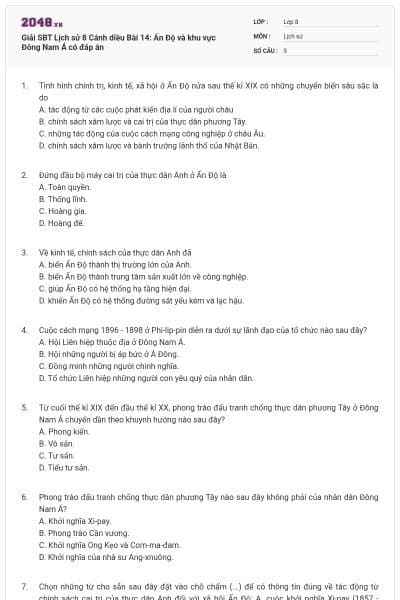 Giải SBT Lịch sử 8 Cánh diều Bài 14: Ấn Độ và khu vực Đông Nam Á có đáp án