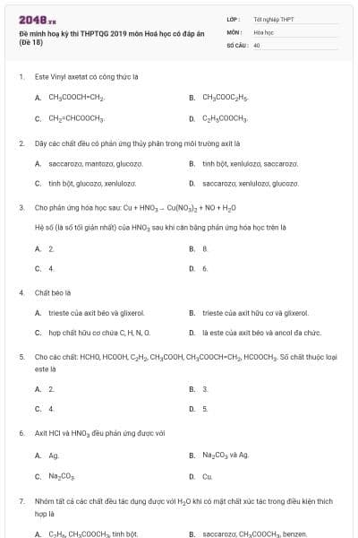Đề minh hoạ kỳ thi THPTQG 2019 môn Hoá học có đáp án (Đề 18)