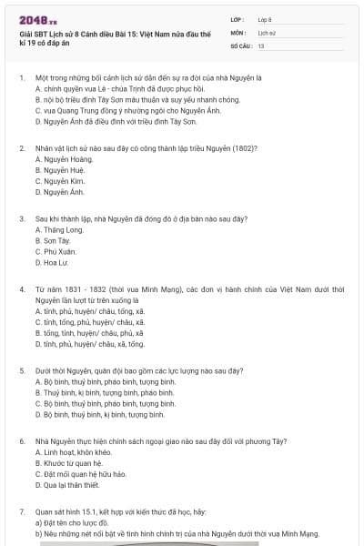Giải SBT Lịch sử 8 Cánh diều Bài 15: Việt Nam nửa đầu thế kỉ 19 có đáp án
