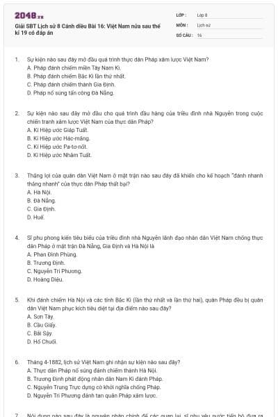 Giải SBT Lịch sử 8 Cánh diều Bài 16: Việt Nam nửa sau thế kỉ 19 có đáp án