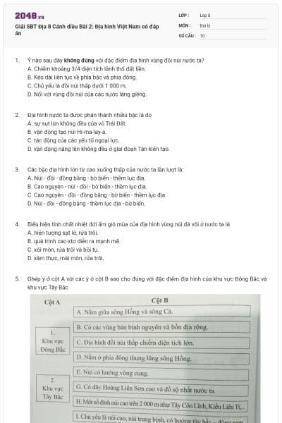 Giải SBT Địa 8 Cánh diều Bài 2: Địa hình Việt Nam có đáp án