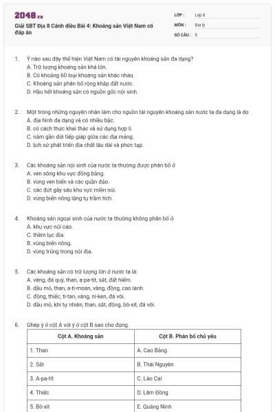 Giải SBT Địa 8 Cánh diều Bài 4: Khoáng sản Việt Nam có đáp án