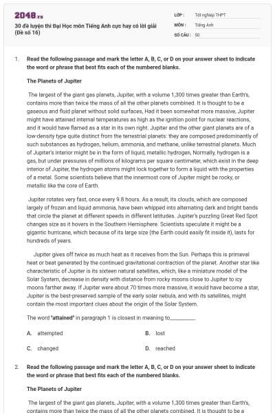 30 đề luyện thi Đại Học môn Tiếng Anh cực hay có lời giải (Đề số 16)