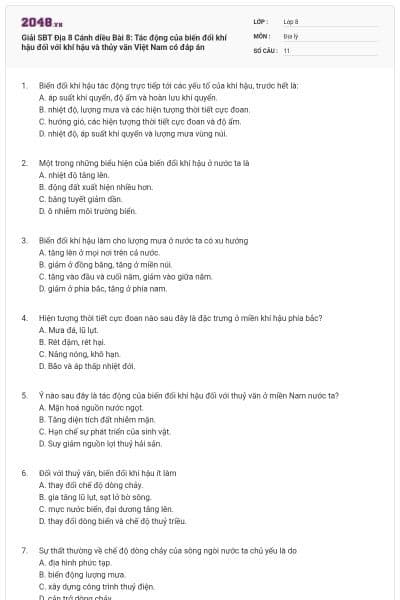 Giải SBT Địa 8 Cánh diều Bài 8: Tác động của biến đổi khí hậu đối với khí hậu và thủy văn Việt Nam có đáp án