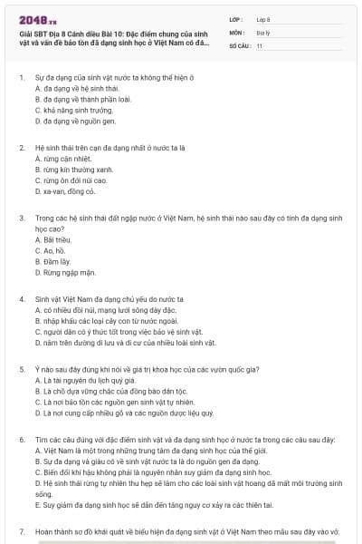 Giải SBT Địa 8 Cánh diều Bài 10: Đặc điểm chung của sinh vật và vấn đề bảo tồn đã dạng sinh học ở Việt Nam có đáp án