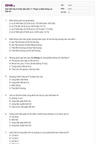 Giải SBT Địa 8 Cánh diều Bài 11: Phạm vi Biển Đông có đáp án