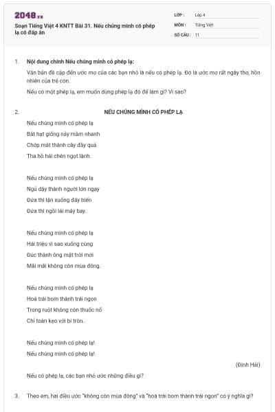 Soạn Tiếng Việt 4 KNTT Bài 31. Nếu chúng mình có phép lạ có đáp án