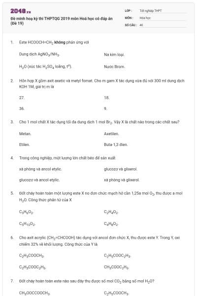 Đề minh hoạ kỳ thi THPTQG 2019 môn Hoá học có đáp án (Đề 19)