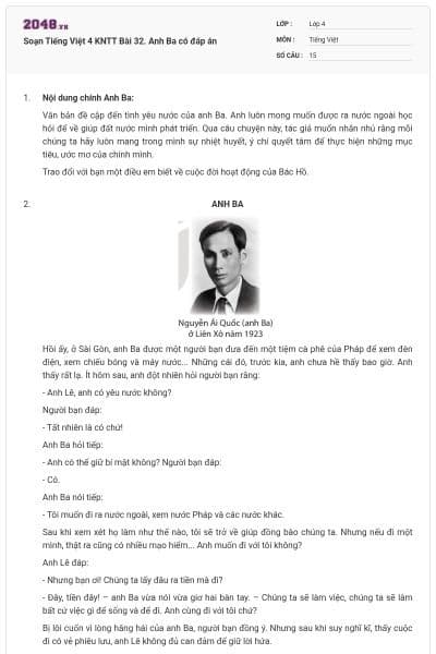 Soạn Tiếng Việt 4 KNTT Bài 32. Anh Ba có đáp án