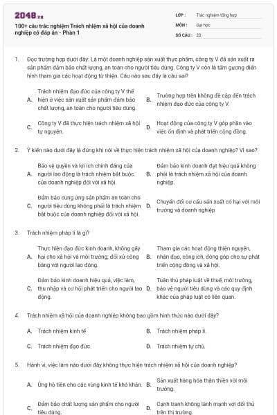 100+ câu trắc nghiệm Trách nhiệm xã hội của doanh nghiệp có đáp án - Phần 1