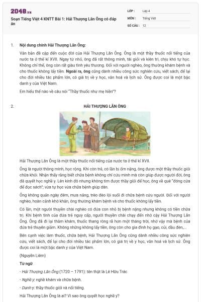 Soạn Tiếng Việt 4 KNTT Bài 1: Hải Thượng Lãn Ông có đáp án