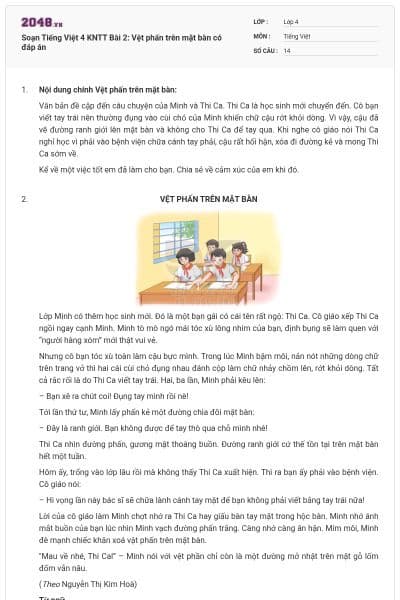 Soạn Tiếng Việt 4 KNTT Bài 2: Vệt phấn trên mặt bàn có đáp án