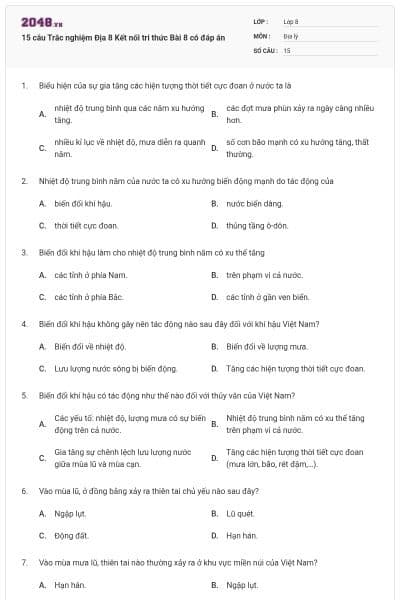 15 câu Trắc nghiệm Địa 8 Kết nối tri thức Bài 8 có đáp án