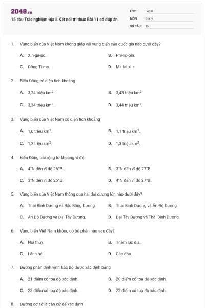 15 câu Trắc nghiệm Địa 8 Kết nối tri thức Bài 11 có đáp án
