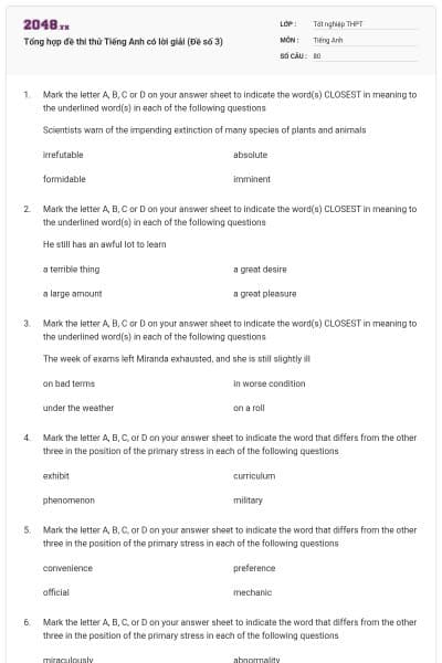 Tổng hợp đề thi thử Tiếng Anh có lời giải (Đề số 3)