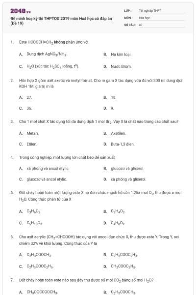 Đề minh hoạ kỳ thi THPTQG 2019 môn Hoá học có đáp án (Đề 19)