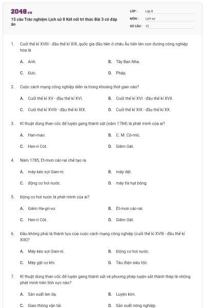 15 câu Trắc nghiệm Lịch sử 8 Kết nối tri thức Bài 3 có đáp án