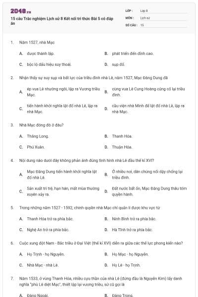 15 câu Trắc nghiệm Lịch sử 8 Kết nối tri thức Bài 5 có đáp án
