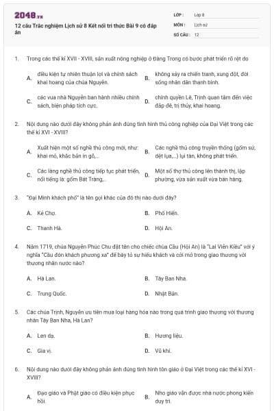 12 câu Trắc nghiệm Lịch sử 8 Kết nối tri thức Bài 9 có đáp án
