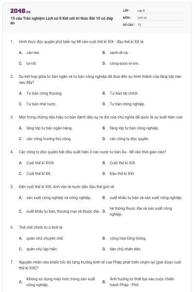 15 câu Trắc nghiệm Lịch sử 8 Kết nối tri thức Bài 10 có đáp án