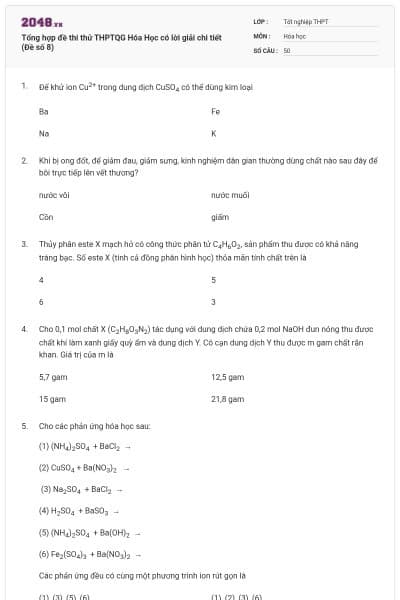 Tổng hợp đề thi thử THPTQG Hóa Học có lời giải chi tiết (Đề số 8)