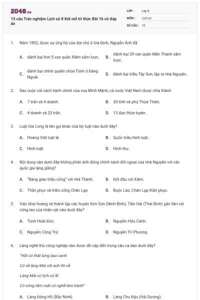 15 câu Trắc nghiệm Lịch sử 8 Kết nối tri thức Bài 16 có đáp án