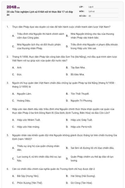20 câu Trắc nghiệm Lịch sử 8 Kết nối tri thức Bài 17 có đáp án