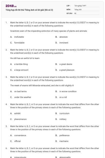 Tổng hợp đề thi thử Tiếng Anh có lời giải (Đề số 3)