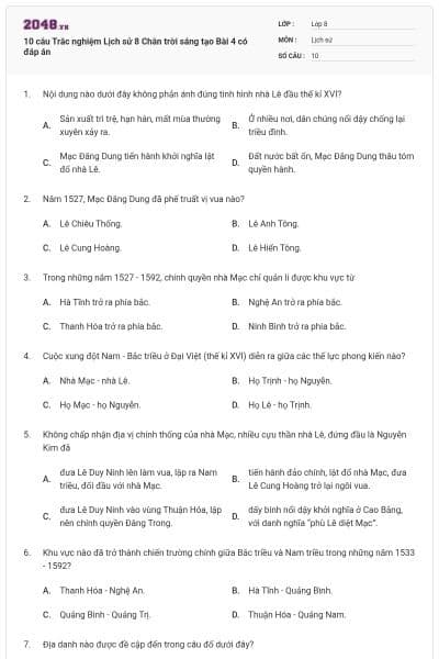 10 câu Trắc nghiệm Lịch sử 8 Chân trời sáng tạo Bài 4 có đáp án