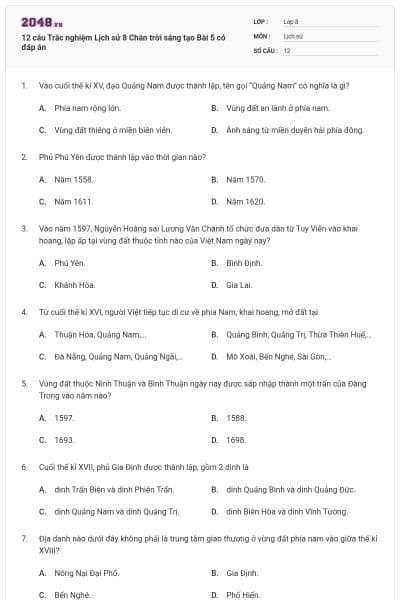 12 câu Trắc nghiệm Lịch sử 8 Chân trời sáng tạo Bài 5 có đáp án