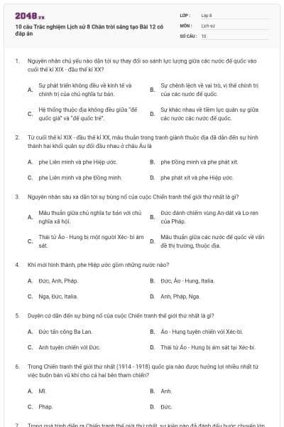 10 câu Trắc nghiệm Lịch sử 8 Chân trời sáng tạo Bài 12 có đáp án