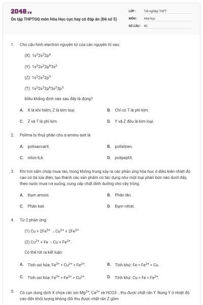 Ôn tập THPTGQ môn Hóa Học cực hay có đáp án (Đề số 5)