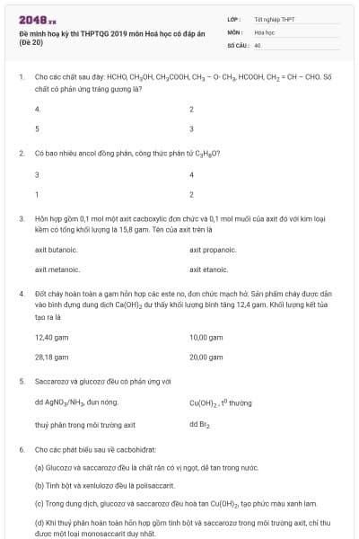 Đề minh hoạ kỳ thi THPTQG 2019 môn Hoá học có đáp án (Đề 20)