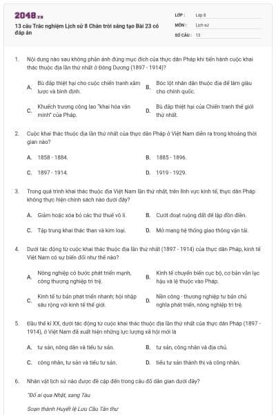 13 câu Trắc nghiệm Lịch sử 8 Chân trời sáng tạo Bài 23 có đáp án