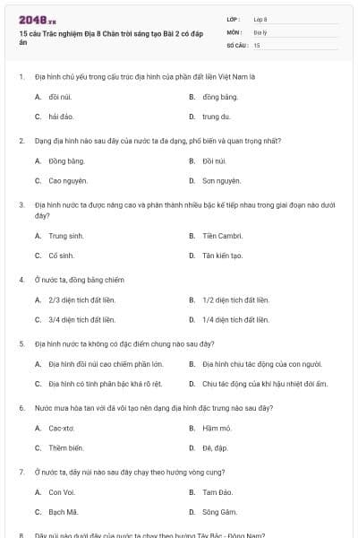 15 câu Trắc nghiệm Địa 8 Chân trời sáng tạo Bài 2 có đáp án