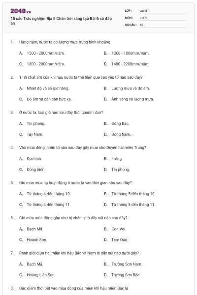 15 câu Trắc nghiệm Địa 8 Chân trời sáng tạo Bài 6 có đáp án