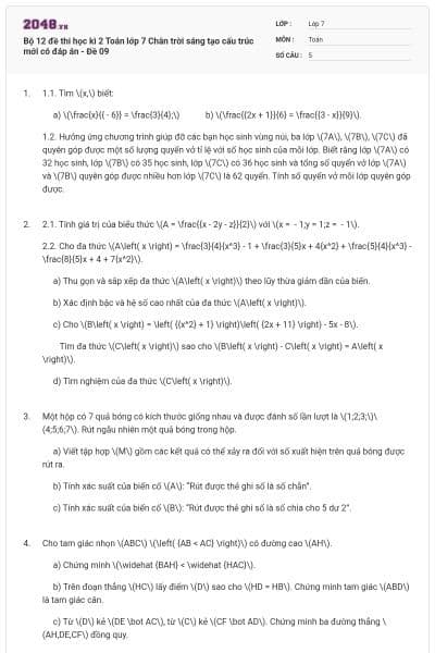 Bộ 12 đề thi học kì 2 Toán lớp 7 Chân trời sáng tạo cấu trúc mới có đáp án - Đề 09