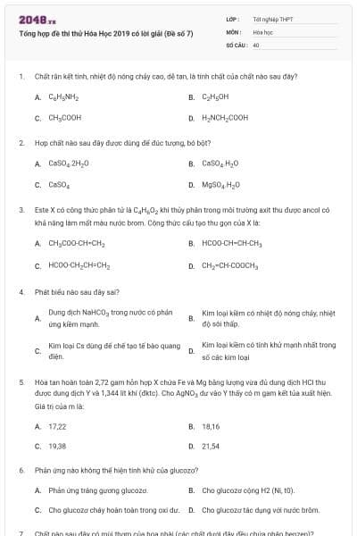 Tổng hợp đề thi thử Hóa Học 2019 có lời giải (Đề số 7)