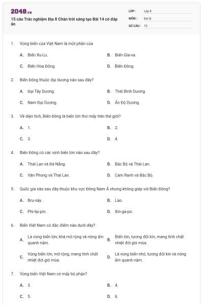 15 câu Trắc nghiệm Địa 8 Chân trời sáng tạo Bài 14 có đáp án
