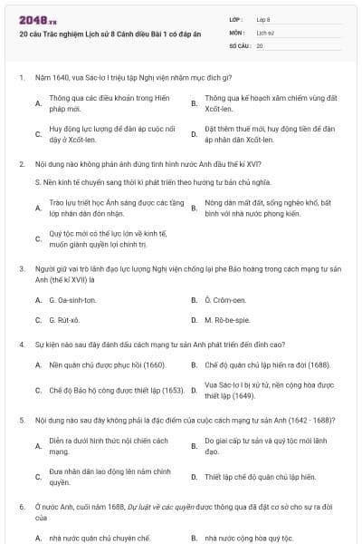 20 câu Trắc nghiệm Lịch sử 8 Cánh diều Bài 1 có đáp án