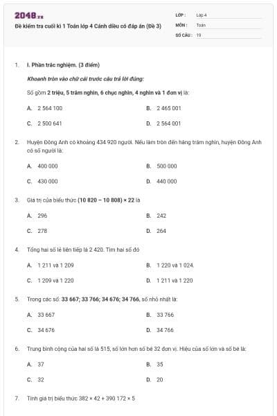 Đề kiểm tra cuối kì 1 Toán lớp 4 Cánh diều có đáp án (Đề 3)