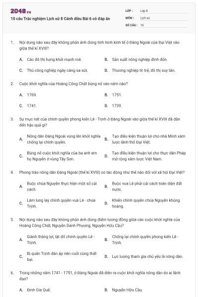 10 câu Trắc nghiệm Lịch sử 8 Cánh diều Bài 6 có đáp án