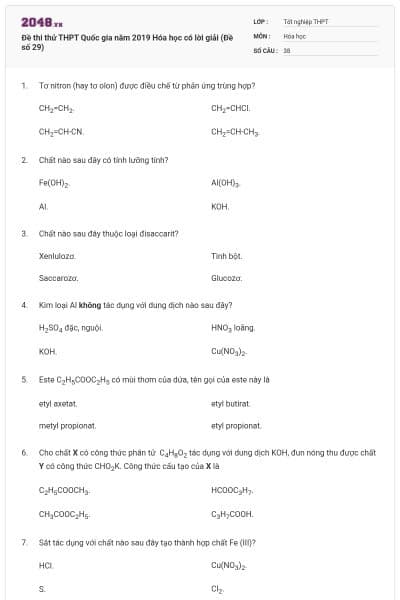 Đề thi thử THPT Quốc gia năm 2019 Hóa học có lời giải (Đề số 29)