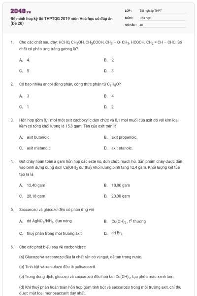 Đề minh hoạ kỳ thi THPTQG 2019 môn Hoá học có đáp án (Đề 20)