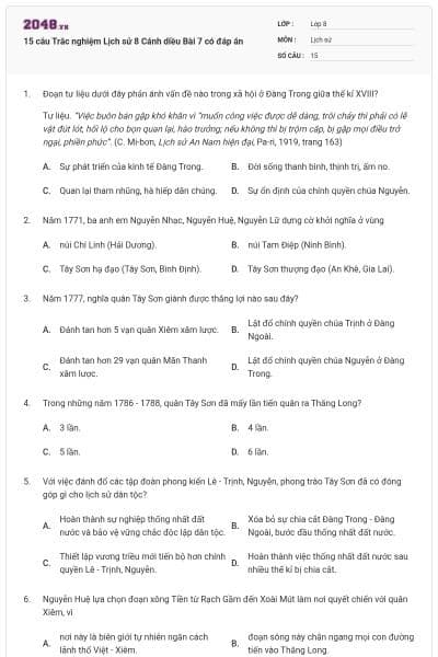 15 câu Trắc nghiệm Lịch sử 8 Cánh diều Bài 7 có đáp án