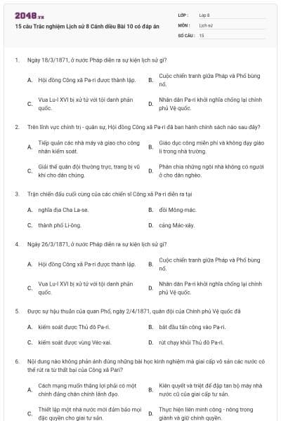 15 câu Trắc nghiệm Lịch sử 8 Cánh diều Bài 10 có đáp án