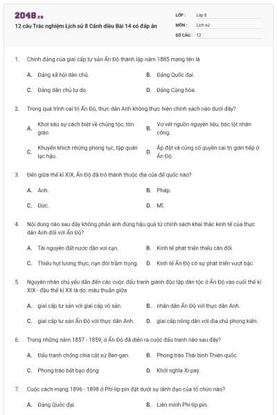 12 câu Trắc nghiệm Lịch sử 8 Cánh diều Bài 14 có đáp án